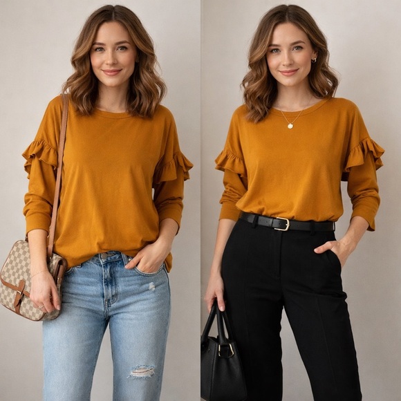 Gigio Tops - Gigio Women's Mustard Ruffle Sleeve Sweatshirt 03-0100
